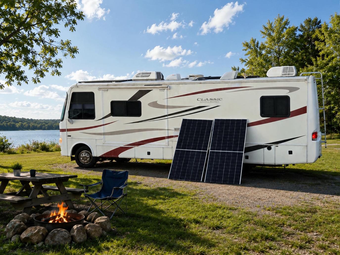 Classic coach — portable panels staged beside the rig